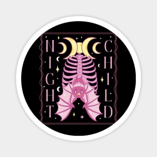 A bat hangs from a rib cage under the triple moon with the words night child occult witchcraft design Magnet